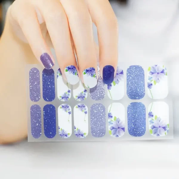 Blue Glitter with Flower Nail Wraps