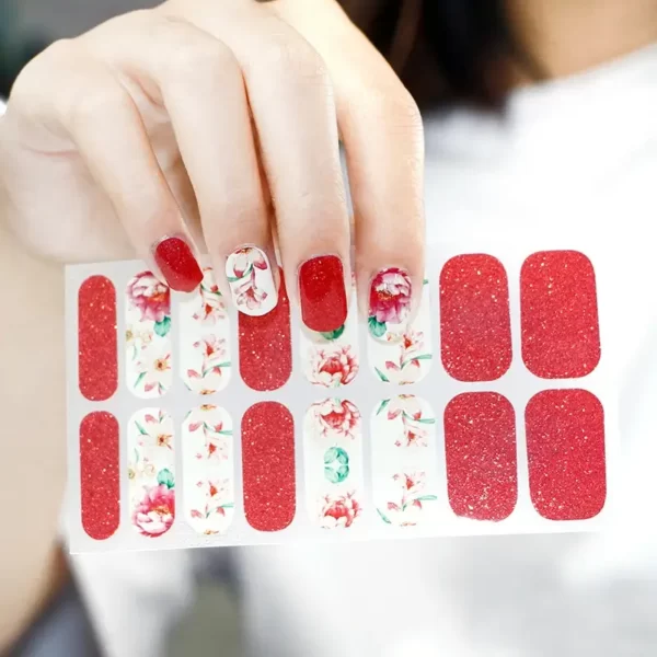 Red Glitter with Flower Nail Wraps