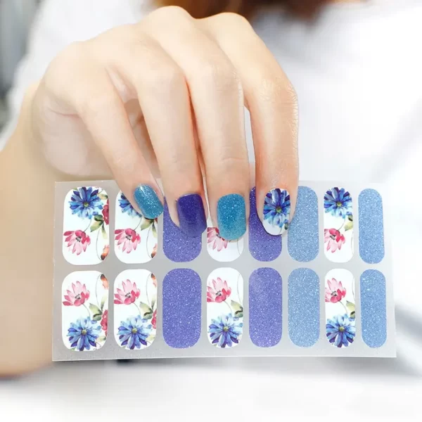 Light Blue Glitter with Flower Nail Wraps