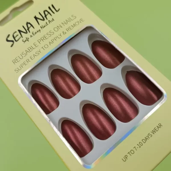 Brown Short Almond Metallic Fake Nails - SENA NAIL