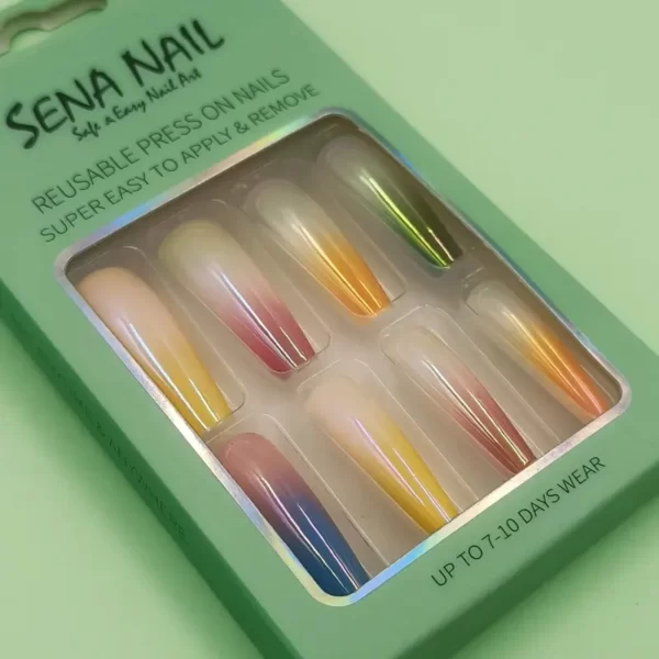 Colorful Tips Chrome Long Coffin Ombre Press On Nails - SENA NAIL