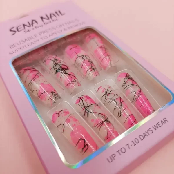 Long Pink Coffin Tie Dye Press On Nails-SENA NAIL