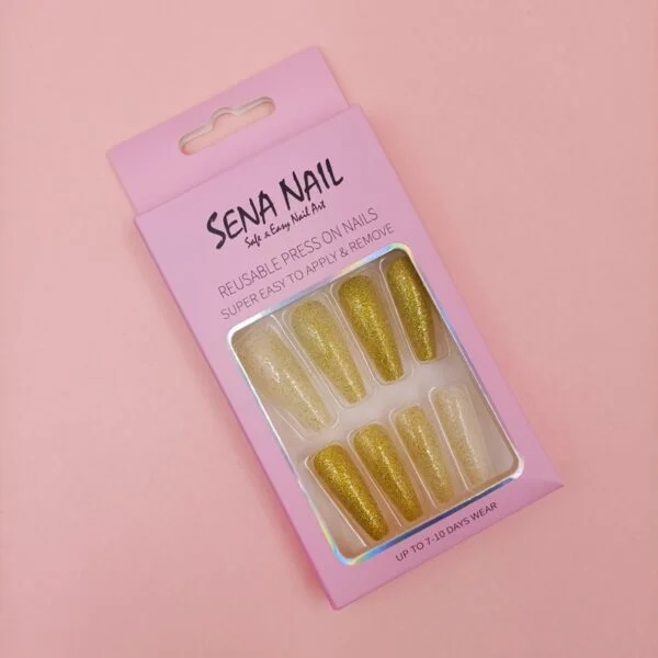 Long Gold Glitter Coffin Press On Nails Long Gold Glitter Coffin Press On Nails - SENA NAIL