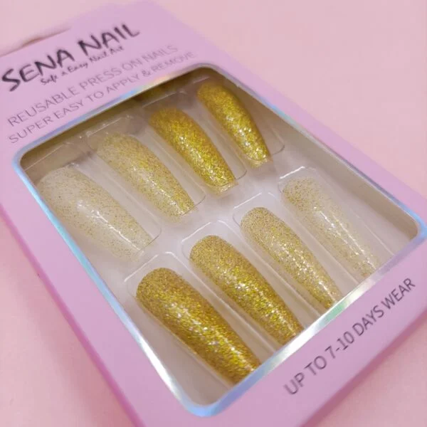 Gold Glitter Long Coffin Press On Nails - SENA NAIL Gold Glitter Long Coffin Press On Nails - SENA NAIL
