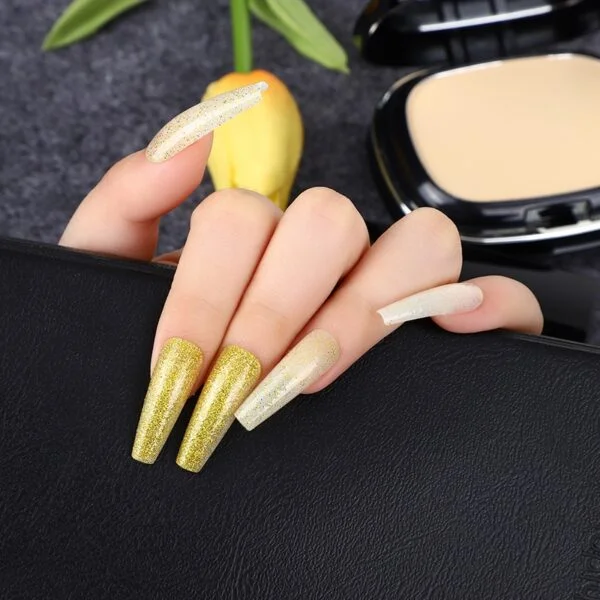 Glitter Long Coffin Gold Press On Nails - SENA NAIL CJMJTS 07 3 Glitter Long Coffin Gold Press On Nails SENA NAIL