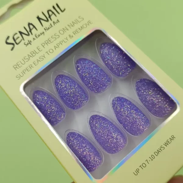 Short Purple Glitter Almond Press On Nails - SENA NAIL