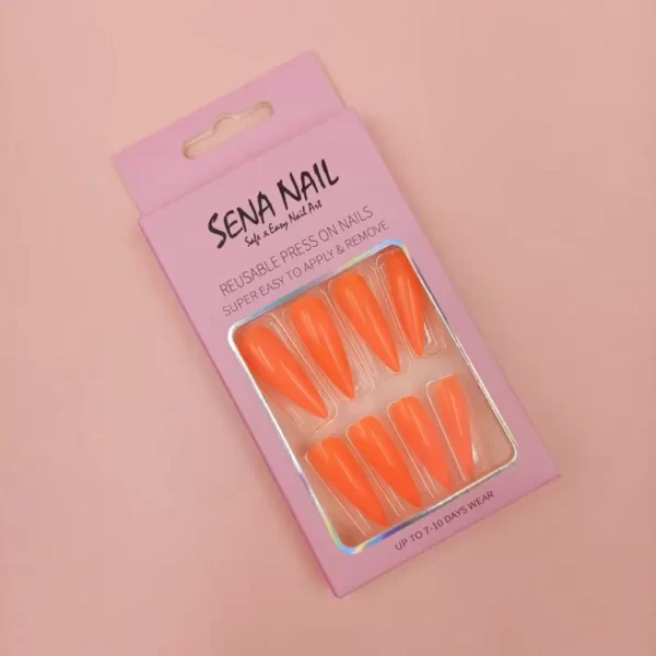 Long Glossy Orange Pointy Press On Nails-SENA NAIL