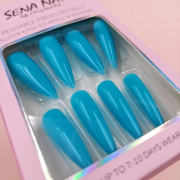 Long Glossy Blue Pointy Press On Nails