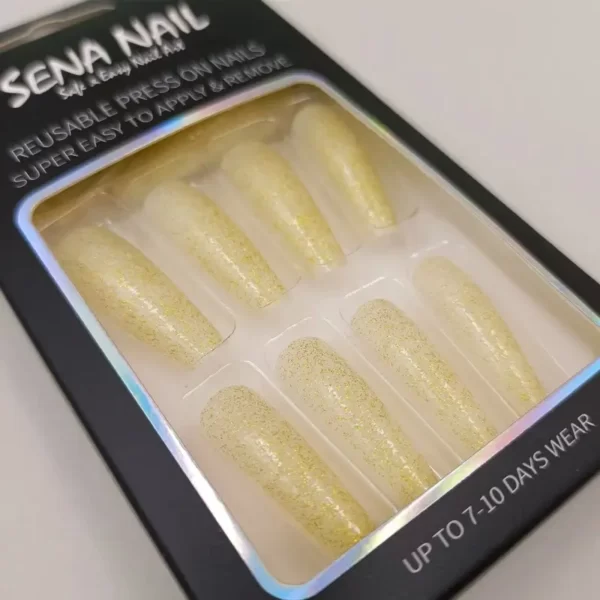 Light Gold Long Coffin Glitter Press On Nails - SENA NAIL