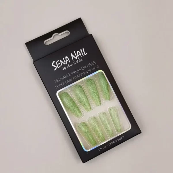 Light Green Coffin Long Glitter Press On Nails - SENA NAIL