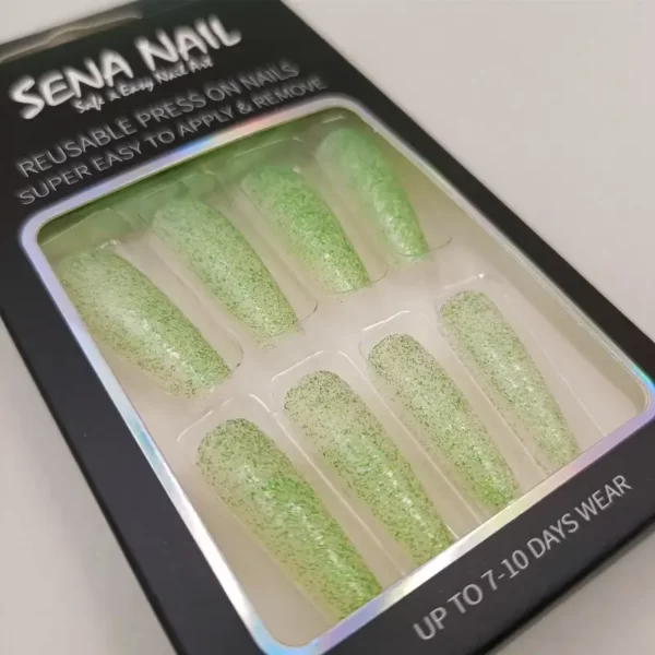 Light Green Coffin Long Glitter Press On Nails - SENA NAIL