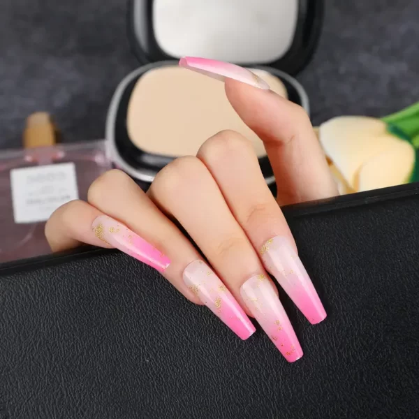 Pink Glitter Long Coffin Ombre Press On Nails - SENA NAIL
