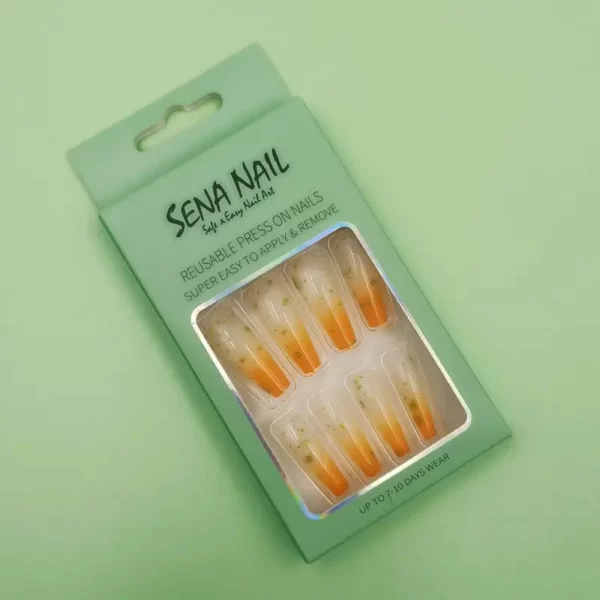 Orange Long Glitter Coffin Ombre Press On Nails - SENA NAIL