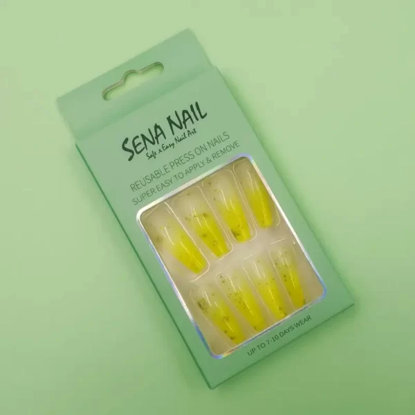 Yellow Glitter Long Coffin Ombre Press On Nails - SENA NAIL