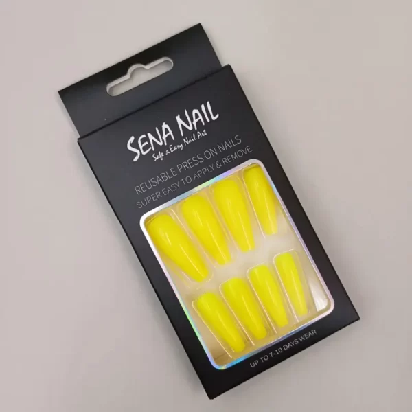 Yellow Glossy Long Coffin Press On Nails-SENA NAIL