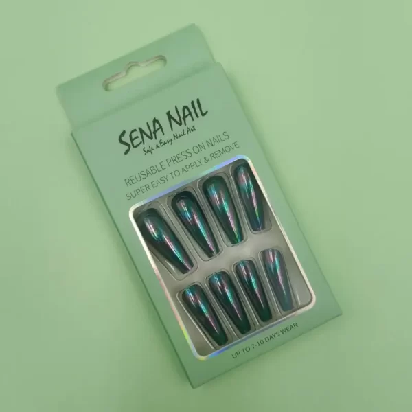Long Coffin Green Holographic Press On Nails - SENA NAIL