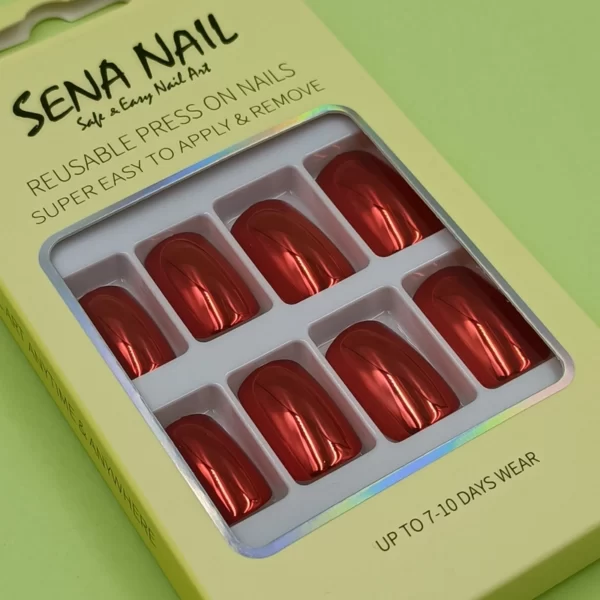 Medium Long Red Chrome Square Press On Nails - SENA NAIL