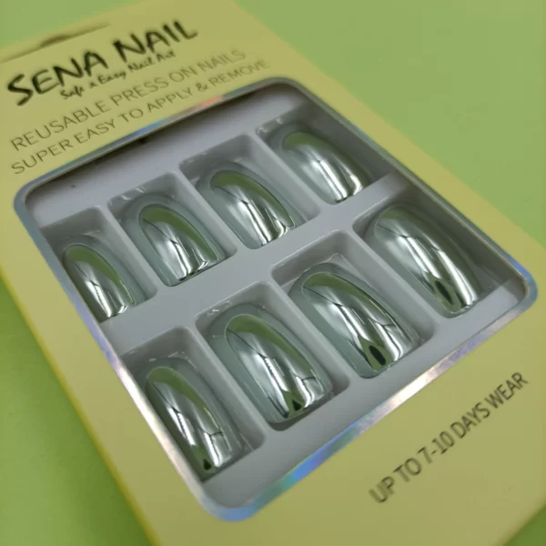 Medium Long Silver Square Metallic Press On Nails - SENA NAIL
