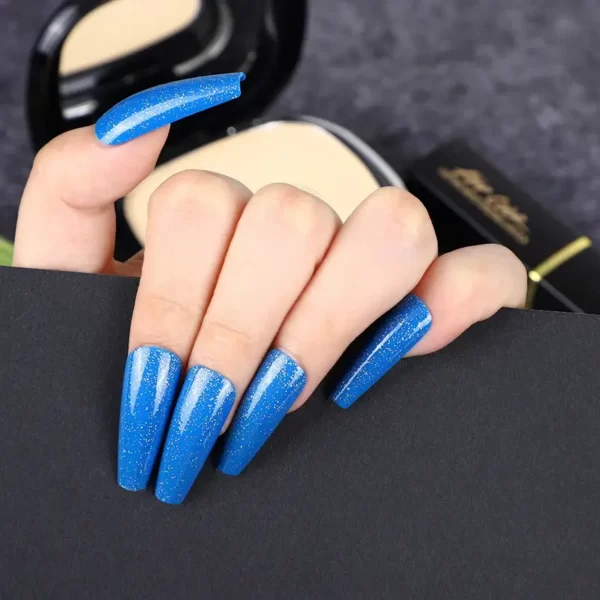 Blue Long Coffin Glitter Press On Nails - SENA NAIL