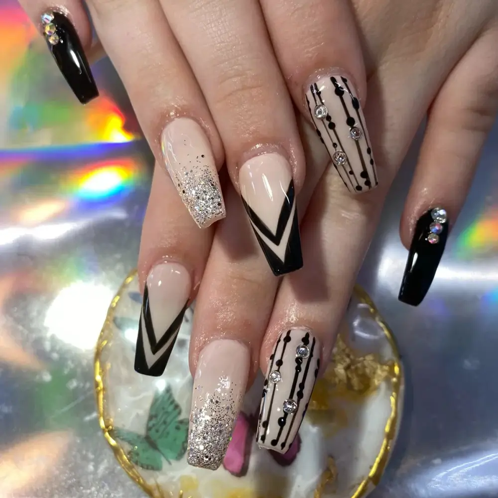 Amazon.com: White French Tip Press on Nails Long Length Coffin Ballerina  Fake Nails Glitter Line Designs False Nails Full Cover Clear Glue on Nails  Acrylic Artificial Nails Stick on Nails for Women