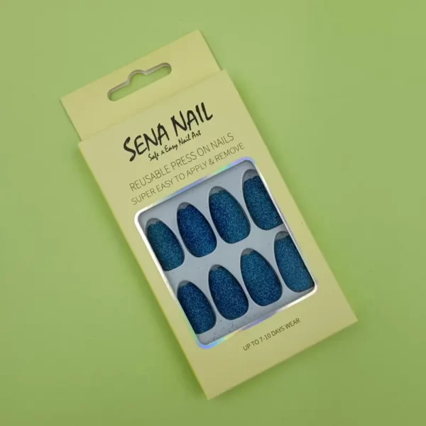 DQ DBL 010 Blue Glitter Short Coffin Press On Nails SENA NAIL