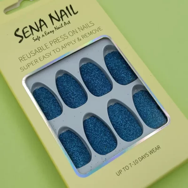 Short Coffin Blue Glitter Press On Nails - SENA NAIL