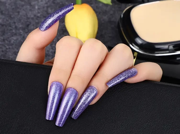 Deep Purple Glitter Long Coffin Nails