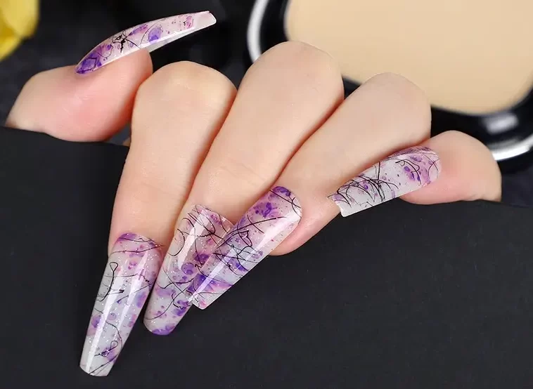 Purple Long Coffin Tie Dye Nails