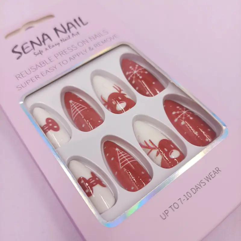 Red Almond Christmas Press On Nails In 2023 - SENA NAIL